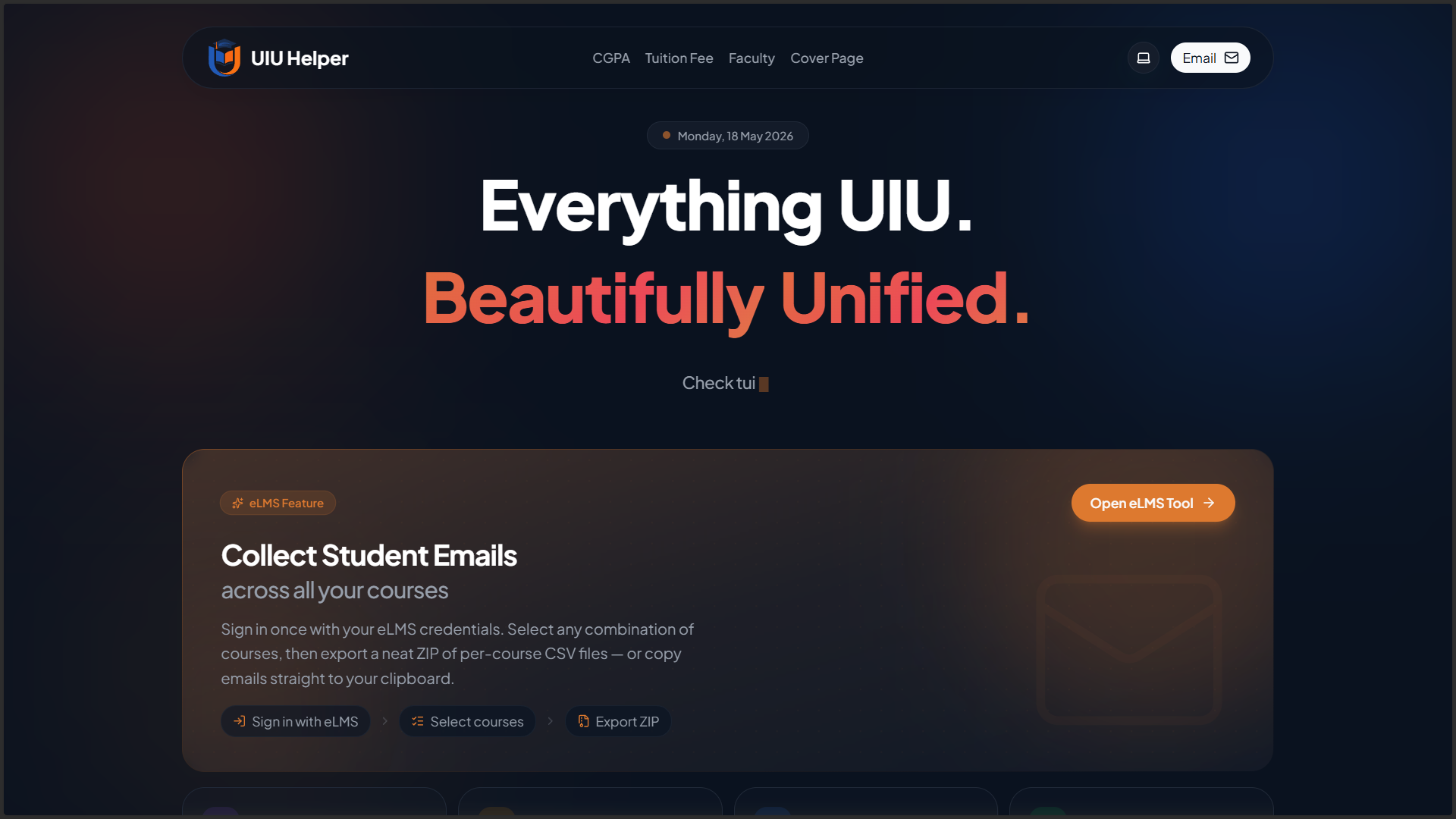 UIU Helper academic tools dashboard